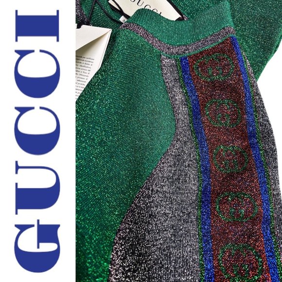 NWT GUCCI Metallic Green Short Sleeve Crew Neck Mini T-Shirt Dress, Size Small - Picture 4 of 13